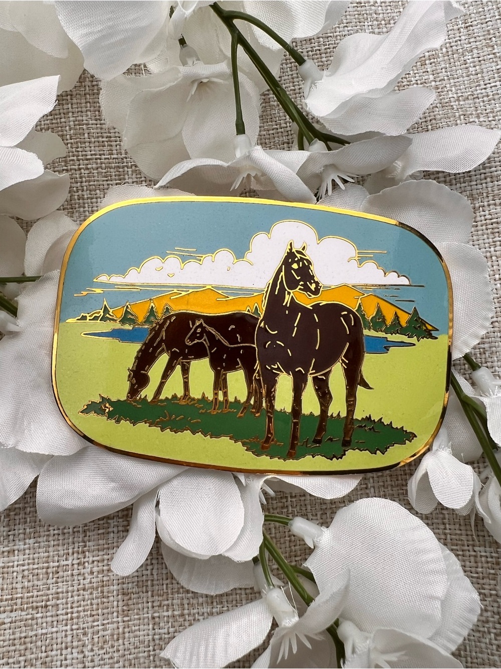 VINTAGE Belt Buckle | Colourful Western Enamel Metal Oval Buckle with Horses